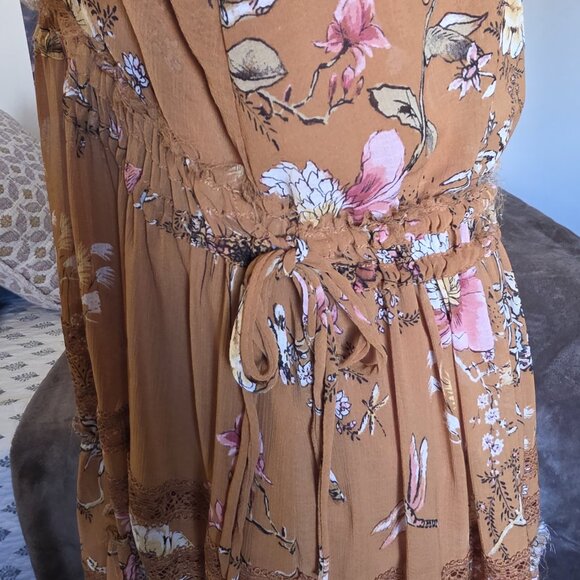 Free People Cherry Blossom Mini Dress Topaz Mustard Floral Oversized Flowy Small - Picture 9 of 16